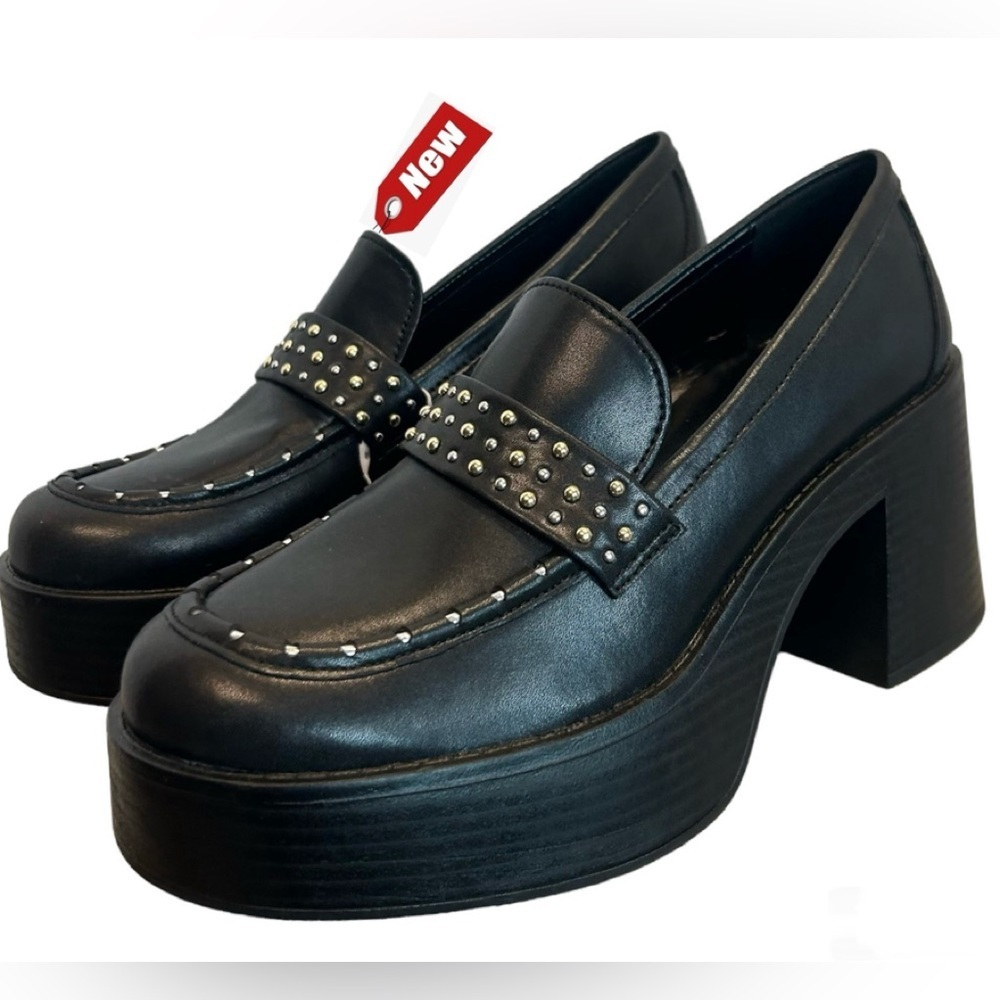 Design Concept Studio black studded platform chunky heel loafer shoes Sz 9 NWT